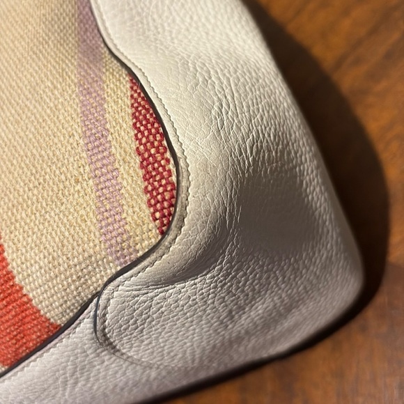 Kate Spade. Backpackl  Small  striped tweed.  White leather  Pocket in flap EUC. main image 8